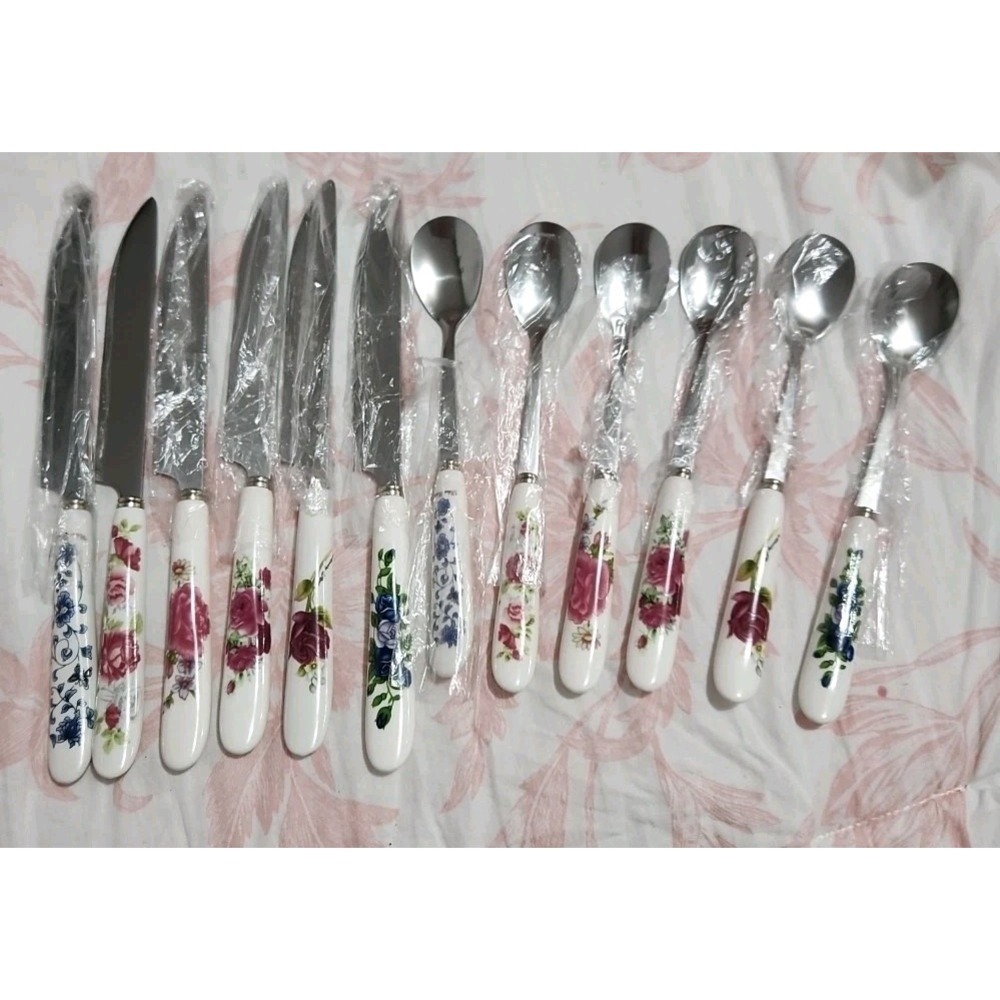 6 floral porcelain painted knives & 6 matching teaspoons New 12 Pcs Total